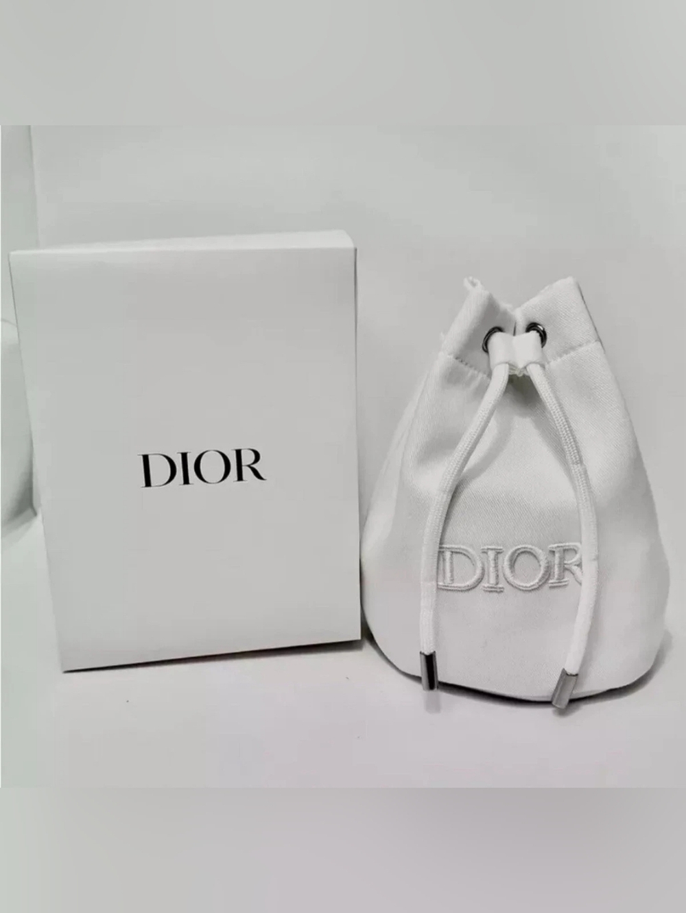 Dior Logo White Twill Drawstring Pouch Makeup Bucket Bag